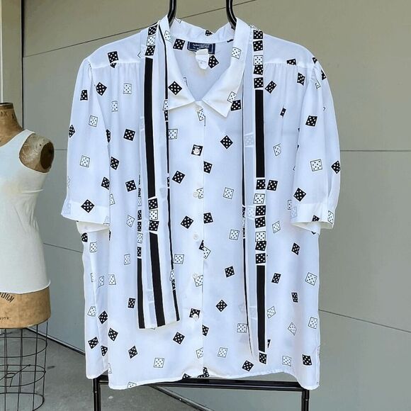 Vintage Haberdashery Dice Print Button-Up Blouse with Matching Scarf - Size L/XL - Picture 1 of 7